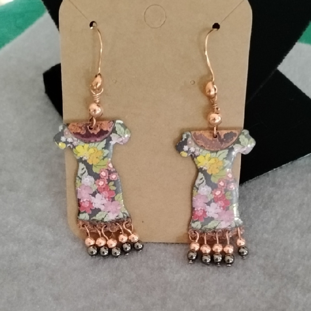 Hand Crafted Bohemian Floral Dress Dangle Earrings With Copper
